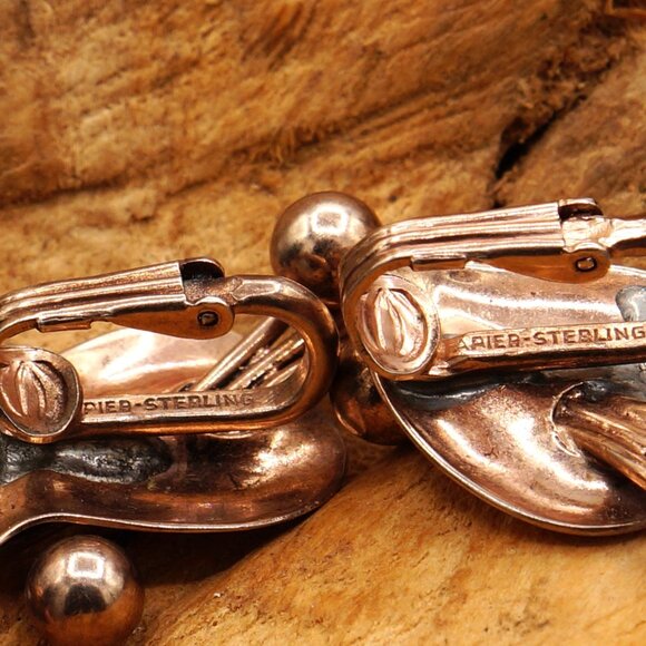 Vintage Napier Sterling Modernist Leaf & Buds Earrings Gold Vermeil Clip-ons - Picture 5 of 10